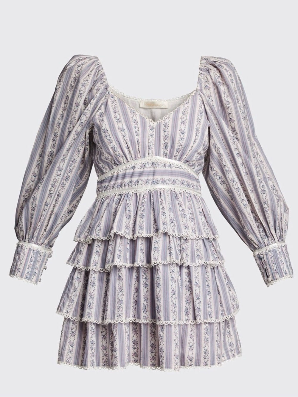 LoveShackFancy Astor Mini Dress Lavender Striped Tiered Dress with Puff Sleeves